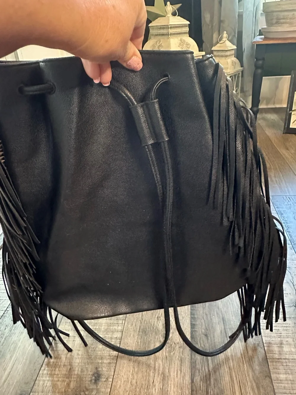 Victoria's Secret Faux Leather Fringe Tassel Fringe Bag Large Black Backpack - Picture 4 of 8